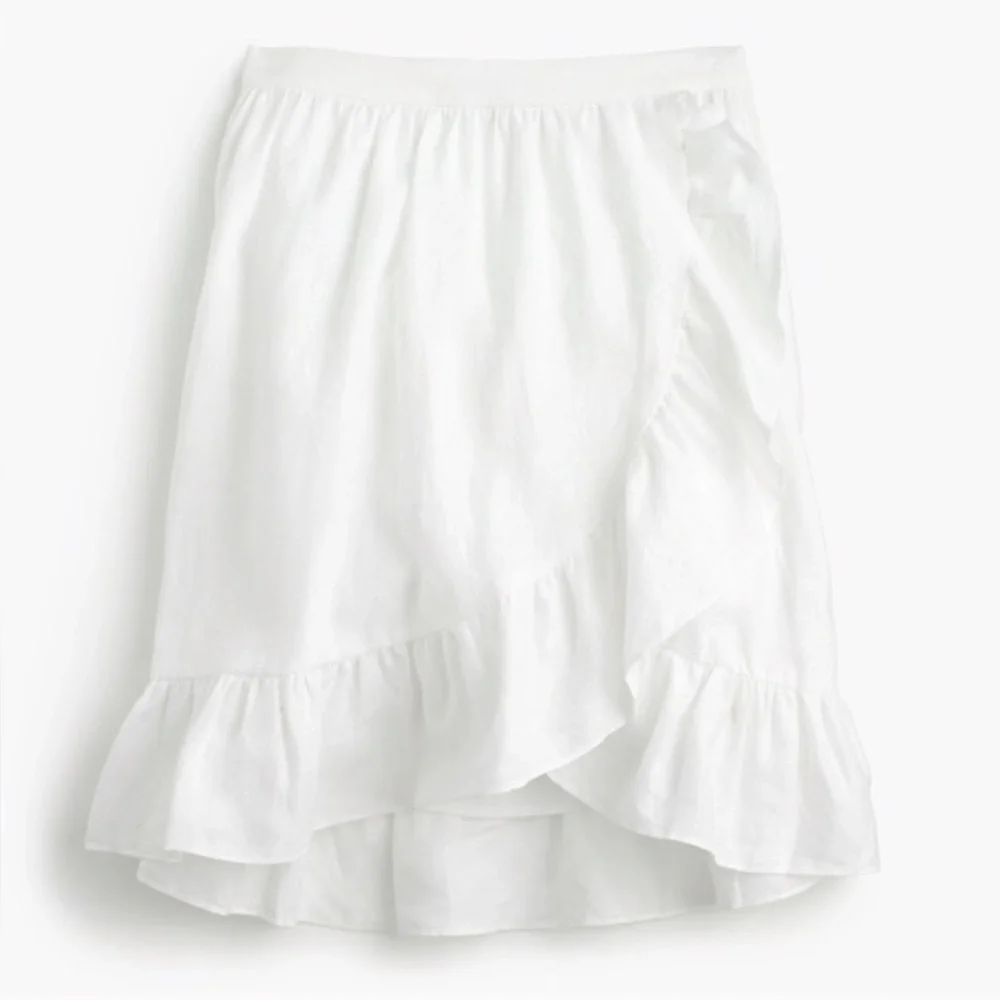 J Crew Linen Ruffle Faux Wrap Skirt White Size 8 resort spring mature vacation - Picture 2 of 11